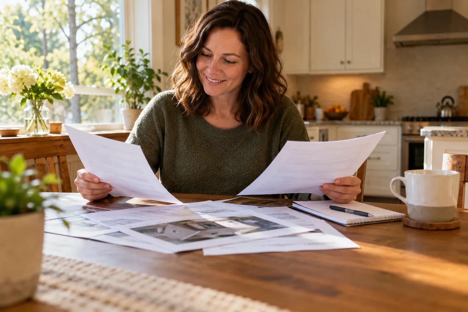 A homeowner reviewing written roofing quotes at a kitchen table