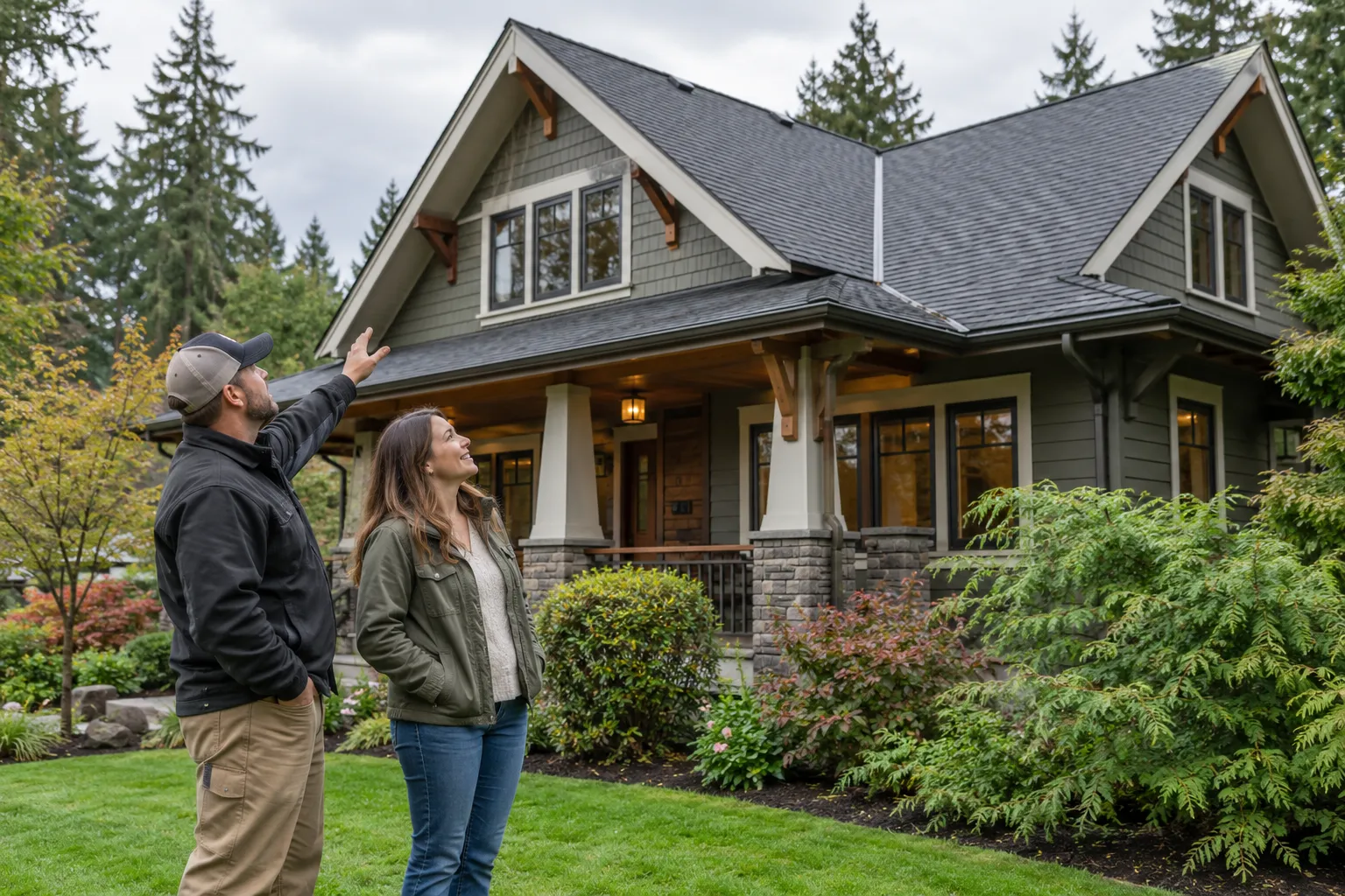 A friendly roofing provider and a homeowner looking up at a newly shingled roof in Everett