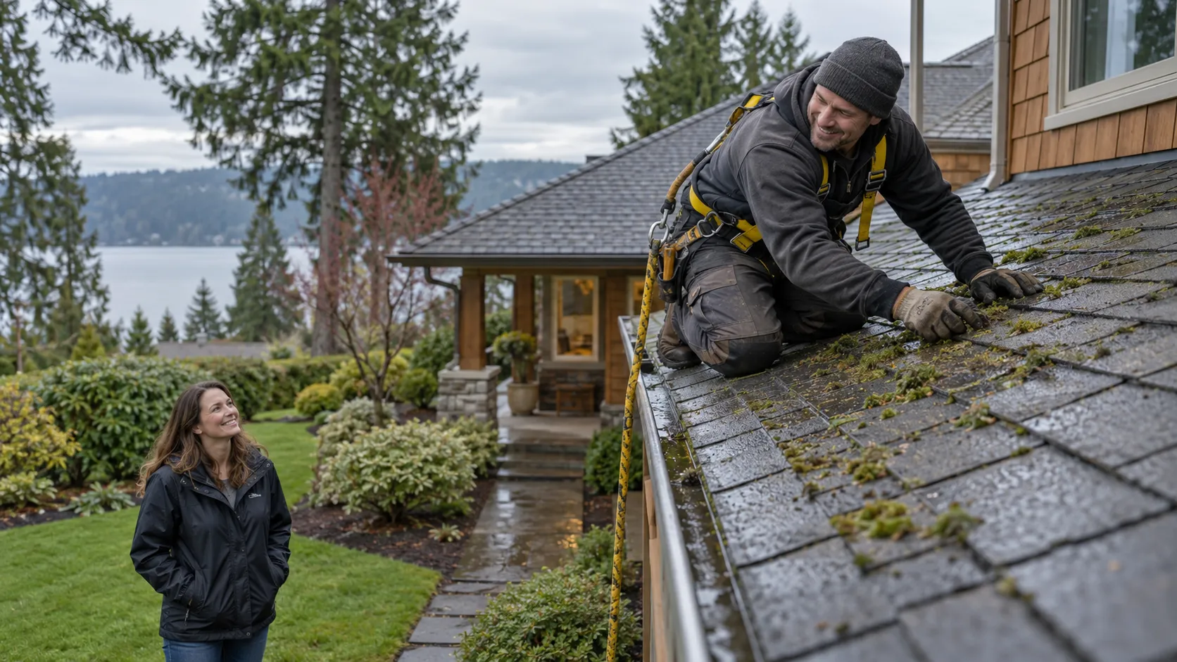 Friendly roofing provider showing a homeowner a damaged shingle area on a house in Everett