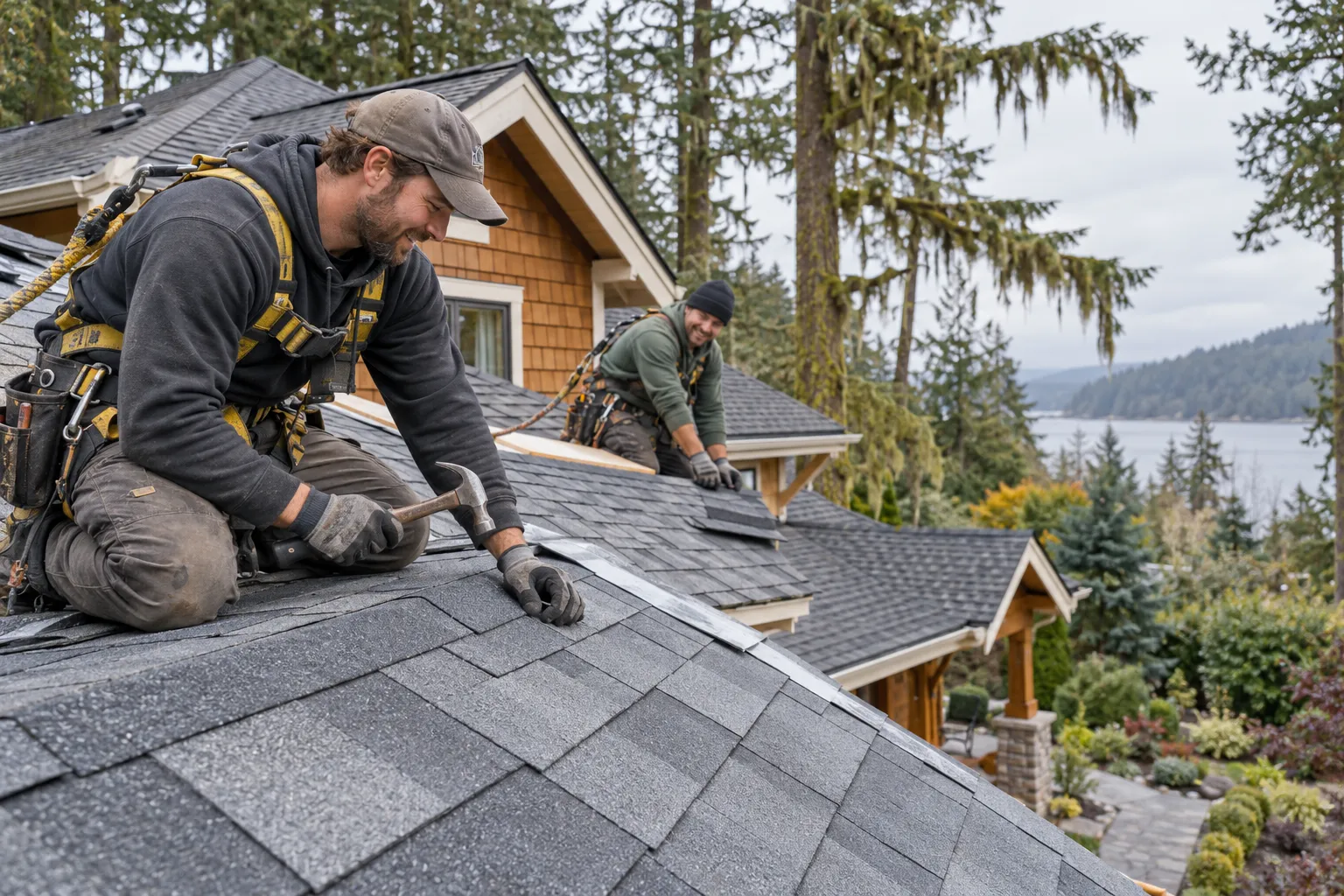 A local roofing provider installing new shingles on a wood-frame home in Everett