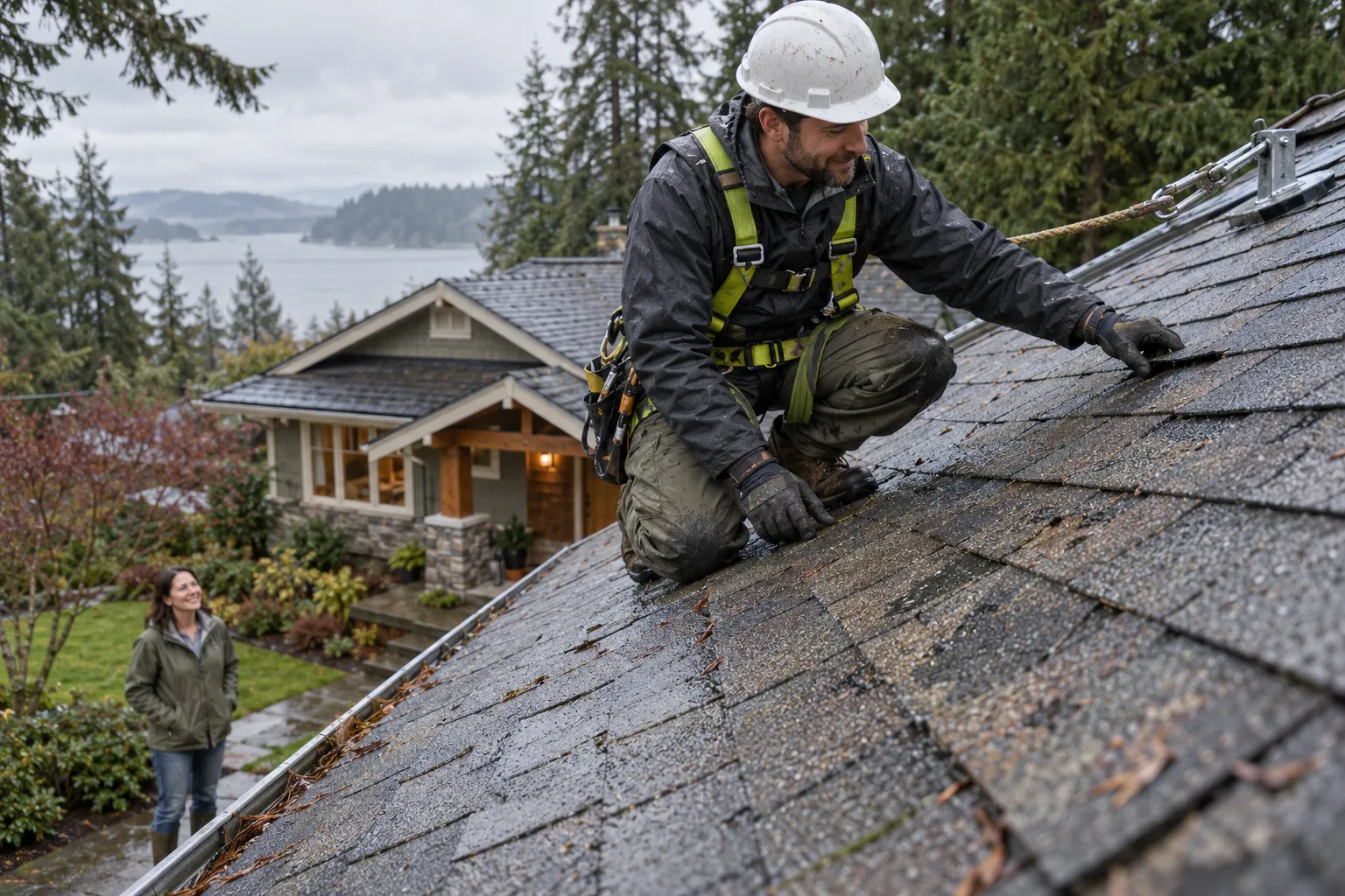 Local roofing provider inspecting hail-damaged shingles on a home in Everett after a storm